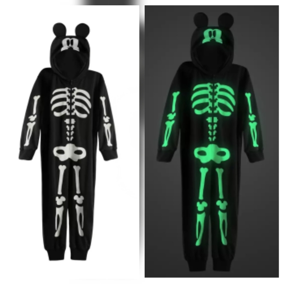 Disney Onsie Mickey Mouse Skeleton Hoodie Costume Glow In The Dark Size 9/10 NWT - Picture 2 of 8